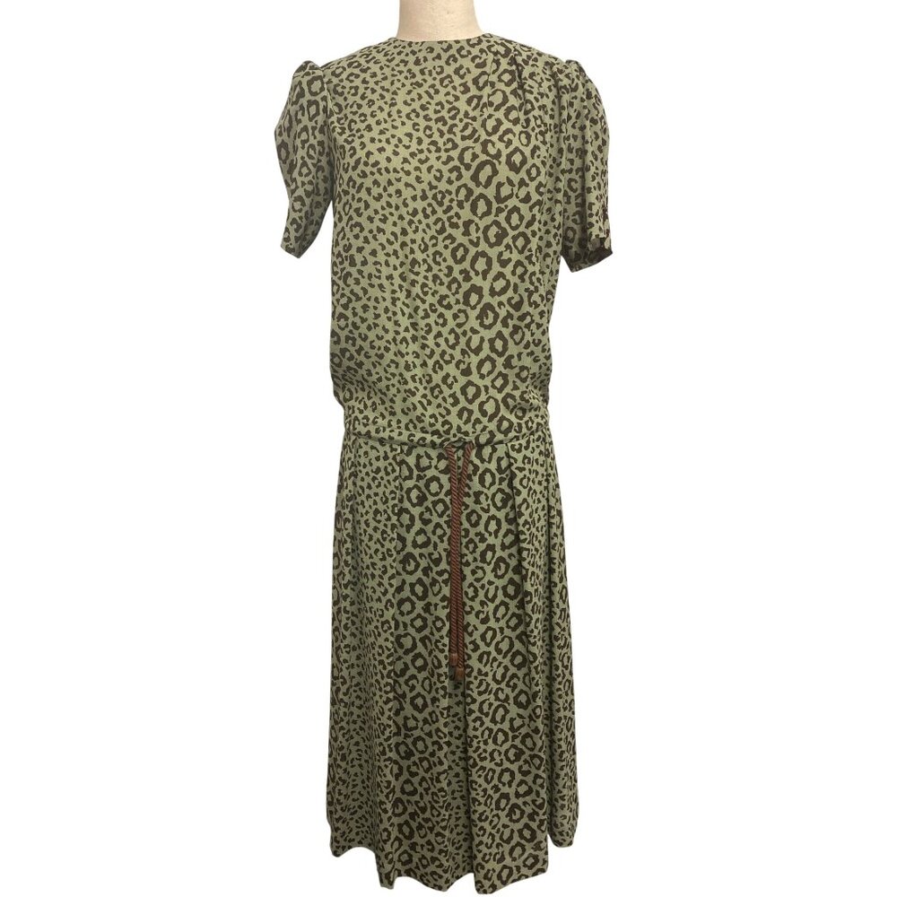 Vintage Bon Cilie Leopard Print Dress With Waist Tie and Puff Sleeves Size 9 Pol
